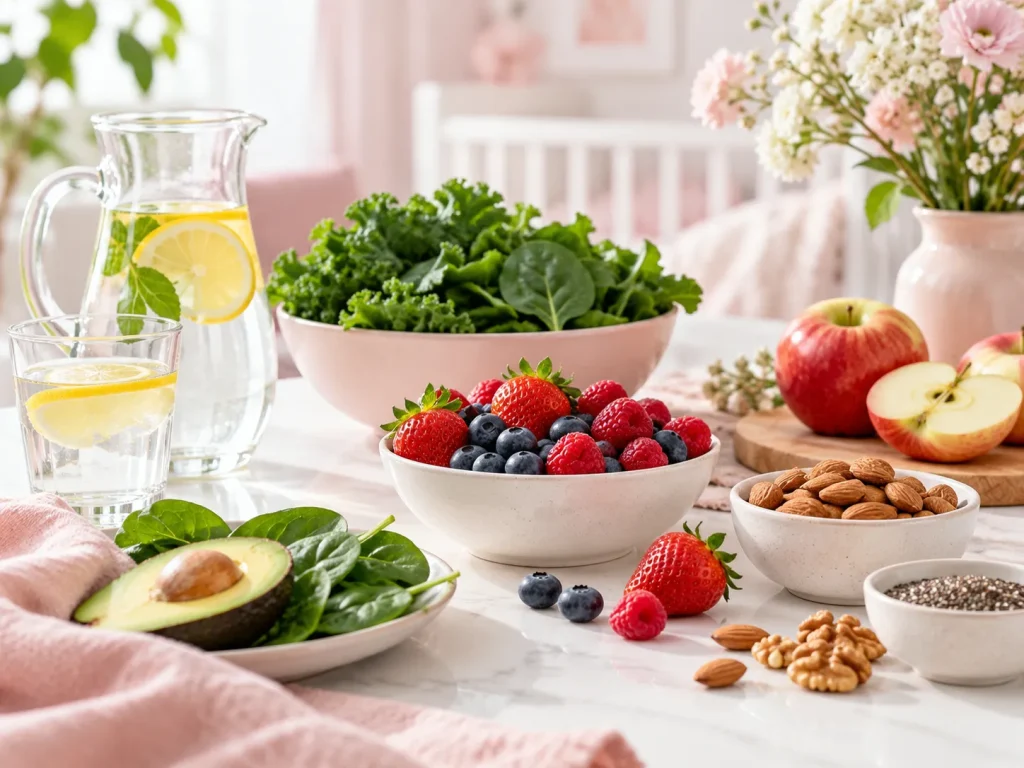 میوه، سبزی و مغزها برای تصویرسازی تغذیه متنوع در بارداری